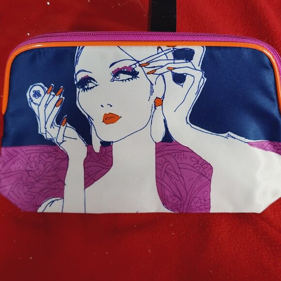 Estee Lauder Vintage Blue Orange Lilac Poly Trimmed in Polyurethane Makeup Bag - Picture 2 of 16